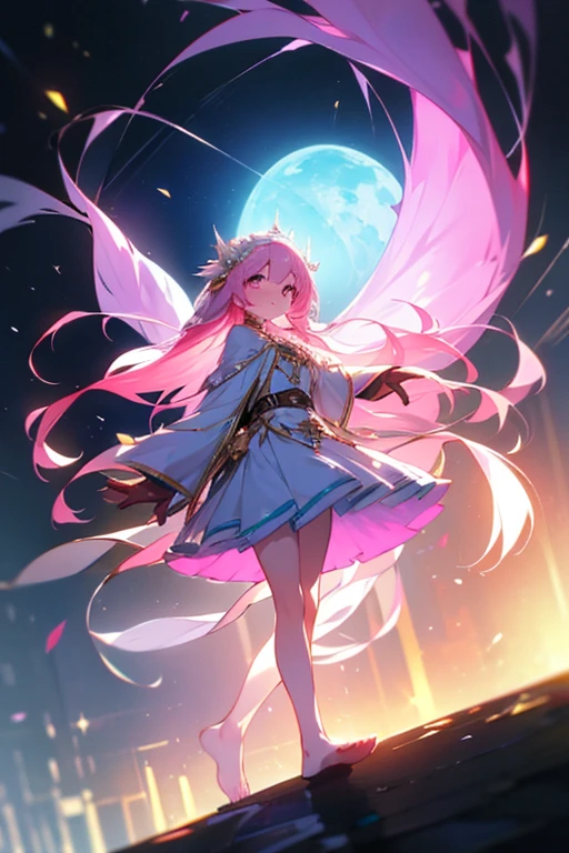 (best quality1.4)++, (masterpiece1.4)++, (detailed1.4)+, 1girl, cute face, fox girl, ice queen, (long pink hair)+, elegant, royal, cute, barefoot, detailed pink jacket, cute multilayered skirt, gold jewelry, full body shot, natural lighting, soft lighting, dramatic lighting, highly detailed, unreal engine, bokeh, 8k uhd, raytracing, lumen reflections, volumetric fog, Digital art, character design, concept art, divine, celestial, featured on pixiv, epic composition