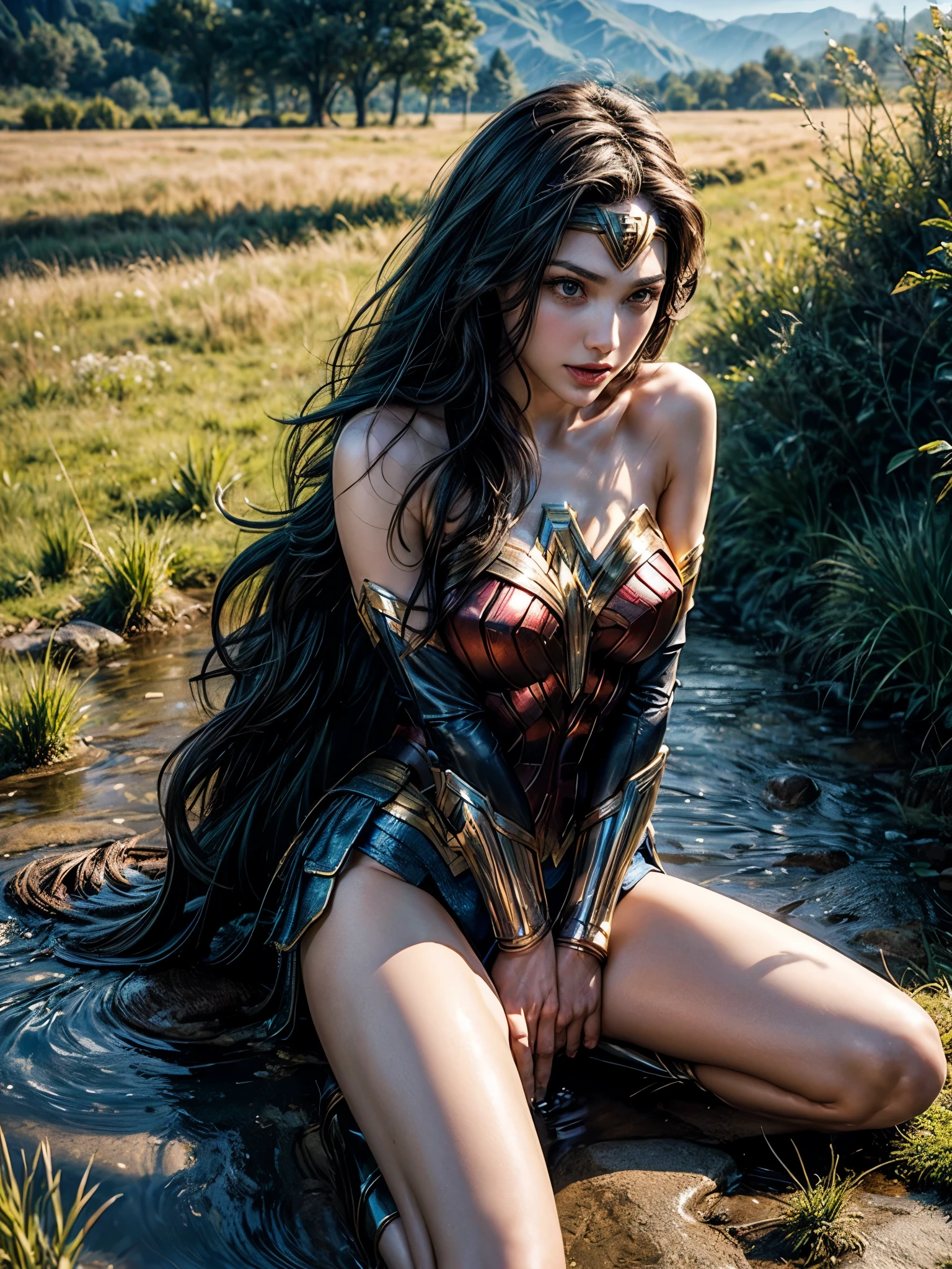 Gal Gadot, She breast size is M cup, full body, she very sexy, she have perfect body, she so beautifully,She have good eyes,She is full of charm, her poses are beautiful, close up,(((Woder Woman outfit))), Wonder Woman
from DC Comics,8k,correct face,beautiful face,A beautiful sight,sparkling eyes,((Half body photograph)), ((close up)) (portrait)) bust,In the middle of nature,The sun shines,green field,mountain,forest,stream