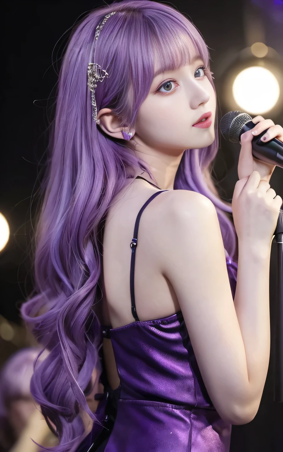 (highest quality, Back Pose:1.2), 1 female singer, 20 years old, Otherworldly fantasy,Shoulder strap,Sing alone, Light purple hair,Beautiful eyes in every detail),Upper Body,bangs,ear, Gorgeous deep purple outfit, Mysterious, Long Hair, blush, Displaying the viewer,Singing voice that captivates the audience
