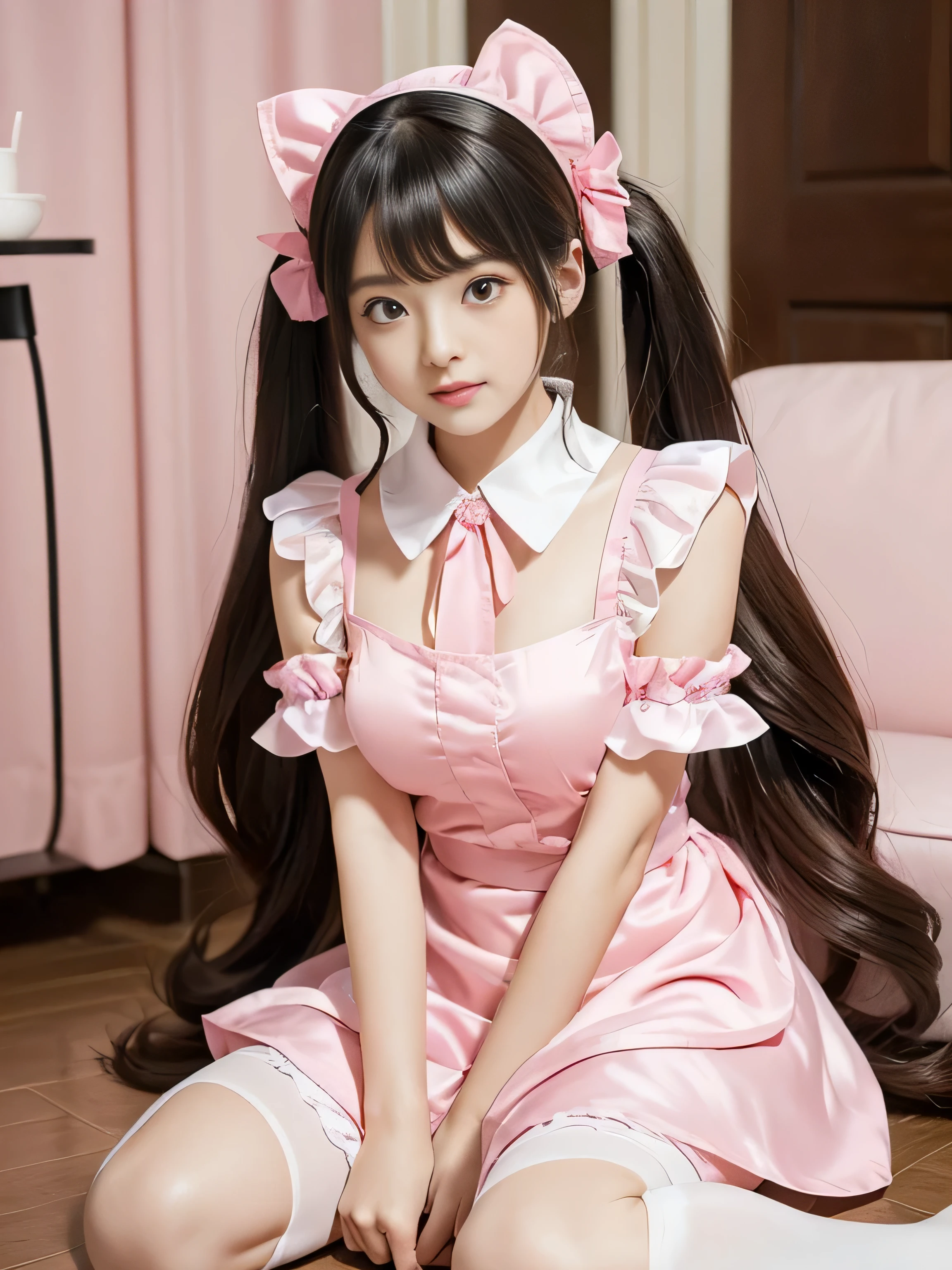 Her hair is incredibly straight.!!!!! (Pink floor、Pink table、pink chair、Pink Wall、Pink counter、A cafe filled with pink..:1.3) (Her hair color is pink!!!!!) (Random Maid standing upper body shot:1.5) ((woman in a pink and white dress and a pink hat, Maid outfit, Maid dress, Catboy Cosplay! Maid! dress, anime girl in a Maid costume, Maid costume, anime cat girl in a Maid costume, pink ta dress,Maid, wearing Maid uniform, Lolityle, High Quality Costume,Sexy female cosplay, Pink shoes for maids)) (Her bangs are the Perfect full bangs:1.2) ((highest quality)), ((masterpiece)), (Familiar), (Get used to it) (Reaches up to the kneeVery long hair highest quality Highest detail Reaches up to the knee、Very long hair that lasts forever:1.3 Flowing Hair Very shiny and thick hair long hair up to the knees:1.2 long hair up to the knees:1.2 Thick and shiny hair Very free hair Abnormally long hair!!! Beautiful silky hair Beautiful and shiny hair Beautiful and shiny hair Beautiful silky hair Hair that grows to the knees Very very, Very long hair!!! Very very, Very long hair!!!) (highest quality The best ultra-fine Reaches up to the knee、Very long hair that lasts forever Very shiny and thick hair long hair up to the knees:1.2 long hair up to the knees:1.2 Thick and shiny hair Very free hair Abnormally long hair!!! Beautiful silky hair Super long hair down to the knees Beautiful and shiny hair Beautiful and shiny hair Beautiful silky hair Hair that grows to the knees Very very, Very long hair!!! Very very, Very long hair!!! Her hairstyle is very curly and in twin tails.:1.5) (She is the most beautiful 12-year-n..) Perfect Face (She has a typical Japanese build and skin color..., Her skin is very high quality and ultra high definition.、very beautiful and glowing skin) (Excessive breasts:1.2)(She applied her makeup in a very professional way. Lipstick is red The eyeliner is a beautiful black) (Surreal photos by professional photographers :1.2) ((Her bangs are hanging straight down, Perfect full bangs)) (She has a typical Japanese build and skin color Her skin is very delicate and sensitive..、and、Such beautiful and radiant s ((highest quality)), ((masterpiece)), (Familiar) (Get used to it) Perfect Face (Her skin is a typical Japanese skin color... Very detailed) ((Rich 1.4)) (Extremely detailed 8K) (Ultra-fine skin texture 1.4) (Actual, Vibrant:1.4), double eyelid Sharp focus:1.2、Beautiful woman:1.4 Dynamic Lighting (Genuine RAW photos taken by professional photographers) (Turn your whole body to the viewer) Professionally lit from the front (She has a coffee cup, She looks at the viewer with a cute smile)