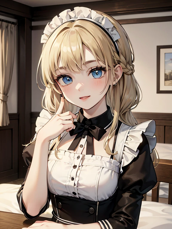 (8k, highest quality, Tabletop:1.2)、Ultra-high resolution, One ****************, Perfect Fingers, Detailed face, blue eyes, Blonde, Braid, Long Hair, Black maid outfit,  Inside the castle, Bedroom、Making the bed