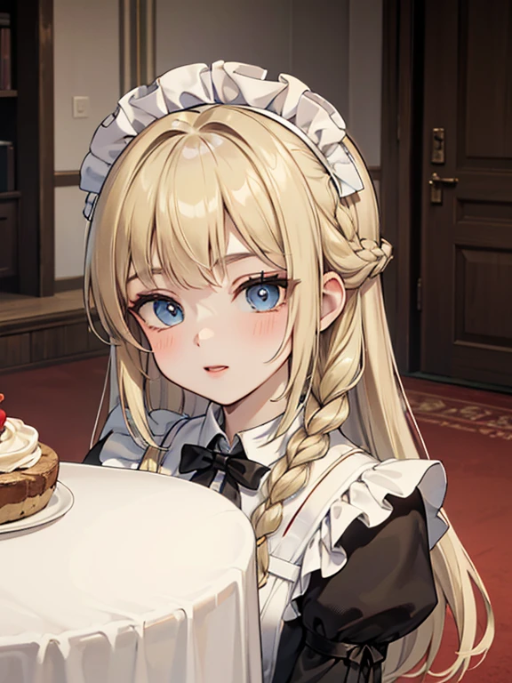 (8k, highest quality, Tabletop:1.2)、Ultra-high resolution, One -yeld gi Perfect Fingers, Detailed face, blue eyes, Blonde, Braid, Long Hair, Black maid outfit,  Inside the castle, Bedroom、Making the bed