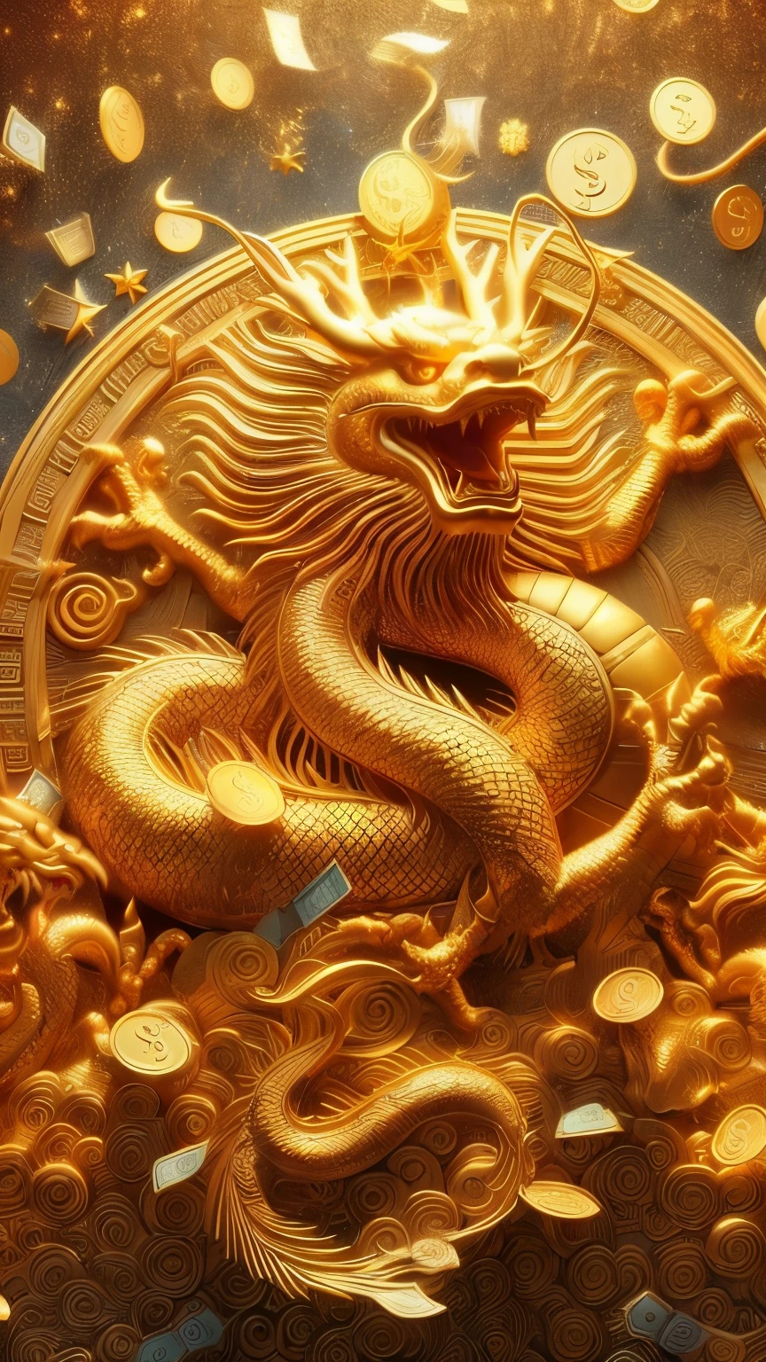 a close up of a Golden Dragon on a gold coin, Golden Dragon, Chinese Dragon engrave, smooth Chinese Dragon, Chinese Silk 3D Dragon, Chinese Dragon, Complex and gorgeous anime CGI style, Chinese Dragon concept art, Ancient Chinese ornate, Dragon Design Language, long, 8 delicate golden tentacles, Chinese Dragons fighting, Traditional Chinese, Chinese style