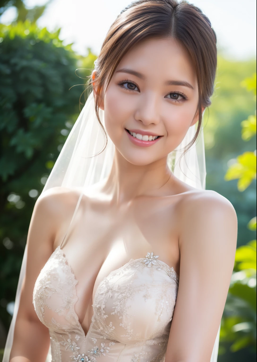 Beautiful 25 year old  woman。She is wearing a summer wedding dress. She is smiling on illuminated by the evening church lights . romantic sunset. her dark brown hair. High resolution、masterpiece、highest quality、頭w:1.0、((Hasselblad Photos))、fine skin、(movie lighting)、clavicle . full body picture.