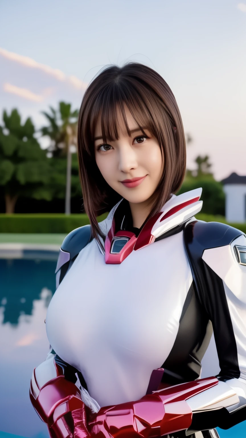 25 year old woman wearing a sexy pink and white shiny skin tight hero suit:1.5, highest quality, High resolution, 8k, One girl, (Huge breasts :1.5), Pool, (bangs,Black Hair,Medium Hair), Beautifully detailed skies, Soft lighting, Wind, Shiny skin, View your viewers, smile