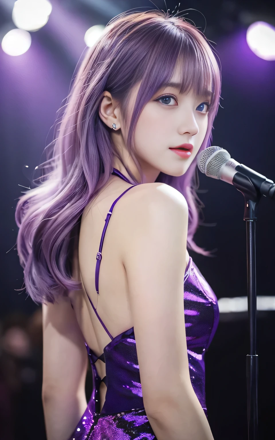 (highest quality, Back Pose:1.2), 1 female singer, 20 years old, Otherworldly fantasy,Shoulder strap,Sing alone, Light purple hair,Beautiful eyes in every detail),Upper Body,bangs,ear, Gorgeous deep purple outfit, Mysterious, Long Hair, blush, Displaying the viewer,Singing voice that captivates the audience