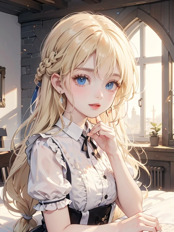 (8k, highest quality, Tabletop:1.2)、Ultra-high resolution, One -yeld gi Perfect Fingers, Detailed face, blue eyes, Blonde, Braid, Long Hair, Black maid outfit,  Inside the castle, Bedroom、Making the bed