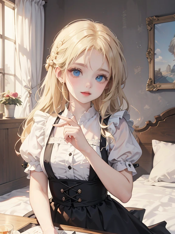 (8k, highest quality, Tabletop:1.2)、Ultra-high resolution, One ****************, Perfect Fingers, Detailed face, blue eyes, Blonde, Braid, Long Hair, Black maid outfit,  Inside the castle, Bedroom、Making the bed