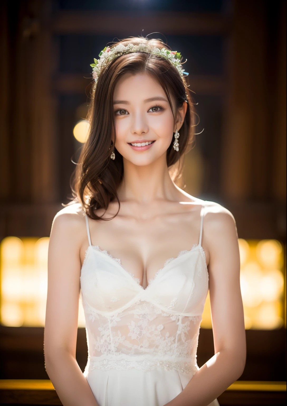 Beautiful 25 year old woman。She is wearing a summer wedding dress. She is smiling on illuminated by the evening church lights . romantic sunset. her dark brown hair. High resolution、masterpiece、highest quality、頭w:1.0、((Hasselblad Photos))、fine skin、(movie lighting)、clavicle . full body picture.