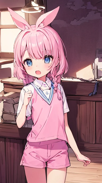 Beautiful illustrations, highest quality, (12-year-old girl:1.4)、(pretty girl：1.5)、、Flat Chest、Sailor collar、(White long tunic)、Long sleeve sailor suit、Blue-line cuffs、(Pink Chino Shorts：1.7)、(Pink shorts with wide openings：1.6)、The gap between the thighs and the shorts、Thin thighs、White socks、 Cinema Lighting, (Pink Long Hair)、Pink Straight Hair、Redness on the cheeks、(Braiding of the back of the head)