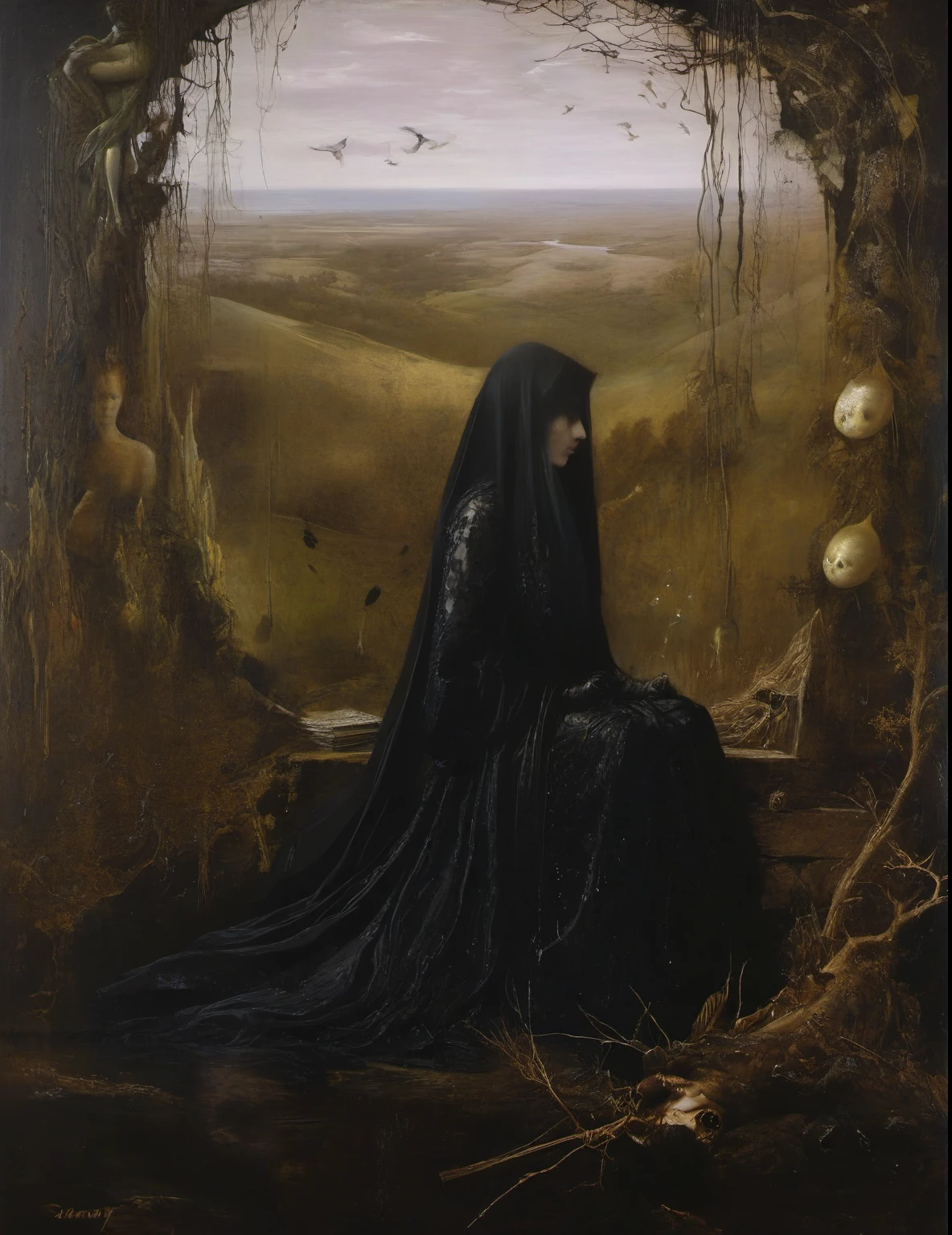 James Gurney, Surrealist art , dream-like, Mysterious, Provocative, symbolic, Complex, detailed,, (Gothic but very beautiful:1.4), (masterpiece, highest quality:1.4) , Nicola Samori Style, lake fairy