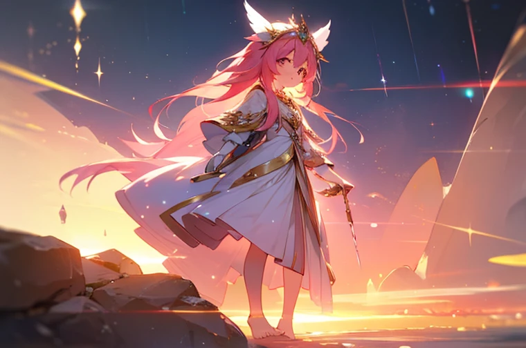 (best quality1.4)++, (masterpiece1.4)++, (detailed1.4)+, 1girl, cute face, fox girl, ice queen, (long pink hair)+, elegant, royal, cute, barefoot, detailed pink jacket, cute multilayered skirt, gold jewelry, full body shot, natural lighting, soft lighting, dramatic lighting, highly detailed, unreal engine, bokeh, 8k uhd, raytracing, lumen reflections, volumetric fog, Digital art, character design, concept art, divine, celestial, featured on pixiv, epic composition