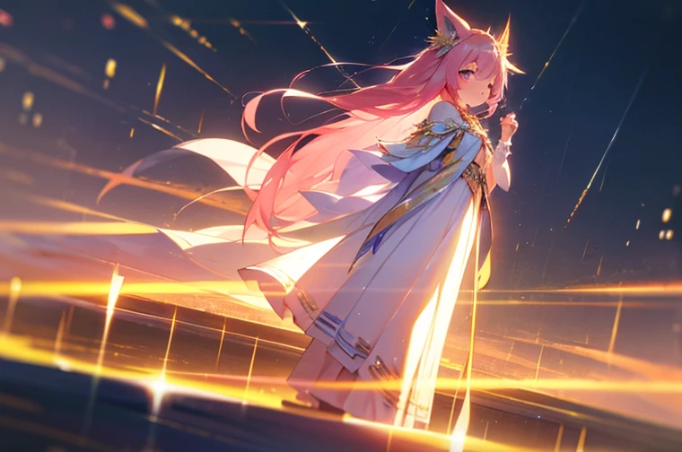 (best quality1.4)++, (masterpiece1.4)++, (detailed1.4)+, 1girl, cute face, fox girl, ice queen, (long pink hair)+, elegant, royal, cute, barefoot, detailed pink jacket, cute multilayered skirt, gold jewelry, full body shot, natural lighting, soft lighting, dramatic lighting, highly detailed, unreal engine, bokeh, 8k uhd, raytracing, lumen reflections, volumetric fog, Digital art, character design, concept art, divine, celestial, featured on pixiv, epic composition