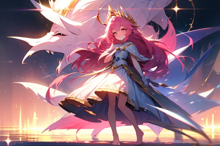 (best quality1.4)++, (masterpiece1.4)++, (detailed1.4)+, 1girl, cute face, fox girl, ice queen, (long pink hair)+, elegant, royal, cute, barefoot, detailed pink jacket, cute multilayered skirt, gold jewelry, full body shot, natural lighting, soft lighting, dramatic lighting, highly detailed, unreal engine, bokeh, 8k uhd, raytracing, lumen reflections, volumetric fog, Digital art, character design, concept art, divine, celestial, featured on pixiv, epic composition