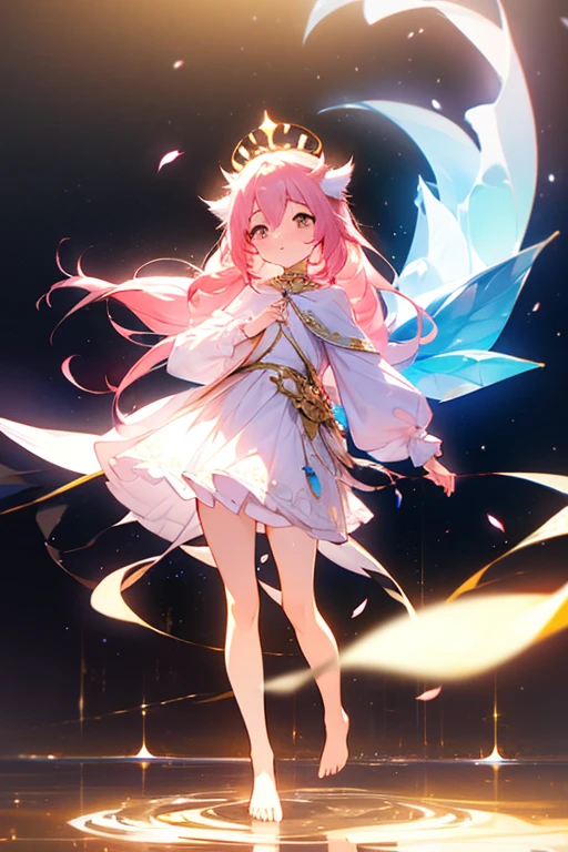 (best quality1.4)++, (masterpiece1.4)++, (detailed1.4)+, 1girl, cute face, fox girl, ice queen, (long pink hair)+, elegant, royal, cute, barefoot, detailed pink jacket, cute multilayered skirt, gold jewelry, full body shot, natural lighting, soft lighting, dramatic lighting, highly detailed, unreal engine, bokeh, 8k uhd, raytracing, lumen reflections, volumetric fog, Digital art, character design, concept art, divine, celestial, featured on pixiv, epic composition