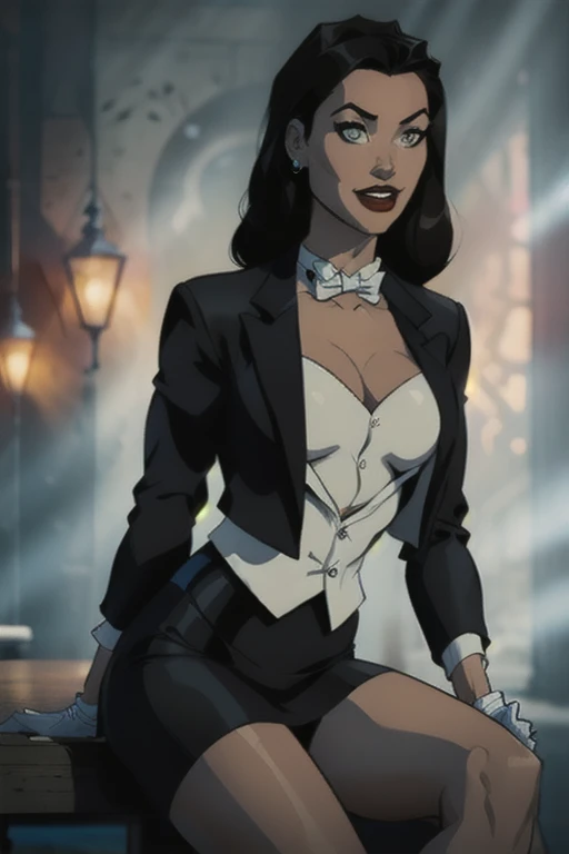 Zatanna, realistic, realism, photorealism, photo-realistic, high contrast, (photorealistic:1.4), 8k high definition detailed realistic, (best quality, masterpiece:1.2), NSFW,  photon mapping, radiosity, physically-based rendering, best quality, highly detailed, 1girl, anaa, full body, Jewelry, earring, outdoor,woods,((skirt suit)), suit and bowtie, (((tuxedo))), silk dress shirt, shirt and bowtie, (((bowtie))), ((blazer)), ((suit jacket)), ((waistcoat)), ((bodycon miniskirt)), (((pencil skirt))), pantyhose, tights, stockings, pocket square, tailored suit, (((cufflinks))), smile, full body, high heels,sitting at bar, from side,  inside, bar, ,sipping drink, white gloves, hot body , gorgeous breast