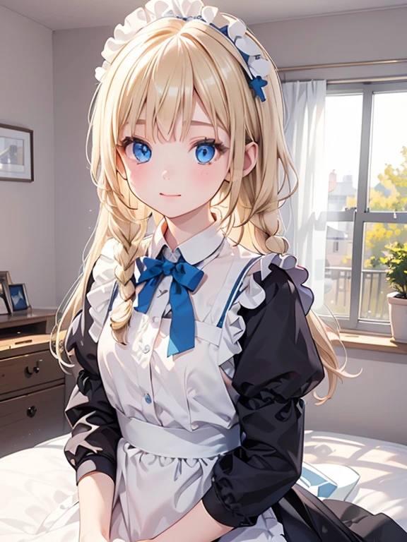 (8k, highest quality, Tabletop:1.2)、Ultra-high resolution, One ****************, Perfect Fingers, Detailed face, blue eyes, Blonde, Braid, Long Hair, Black maid outfit,  Inside the castle, Bedroom、Making the bed