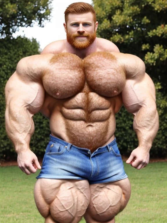 extremely hyper muscular ginger, extremely short shorts, extremely short denim cutoffs, 800 pounds of muscle, hyper oversized muscles, massive muscular arms, massive muscular biceps, massive muscular forearms, massive muscular legs, massive muscular thighs, massive muscular calves, hyper massive muscles, extraordinary attractive European man with radiant blue eyes, (handsome:1.5), (gorgeous:1.6), (beautiful:1.3), ginger, short hair, rugged, park, sunny day, (ginger:1.0), (defined muscles:1.5), vascular, Daniel Radcliffe, Richard Madden, Armie Hammer, David Henrie, Josh Hutcherson