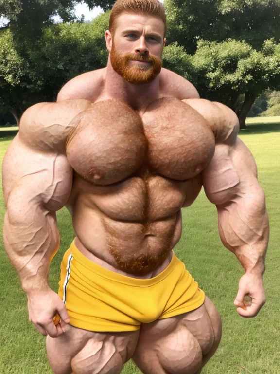 extremely hyper muscular ginger, extremely short shorts, extremely short denim cutoffs, 800 pounds of muscle, hyper oversized muscles, massive muscular arms, massive muscular biceps, massive muscular forearms, massive muscular legs, massive muscular thighs, massive muscular calves, hyper massive muscles, extraordinary attractive European man with radiant blue eyes, (handsome:1.5), (gorgeous:1.6), (beautiful:1.3), ginger, short hair, rugged, park, sunny day, (ginger:1.0), (defined muscles:1.5), vascular, Daniel Radcliffe, Richard Madden, Armie Hammer, David Henrie, Josh Hutcherson