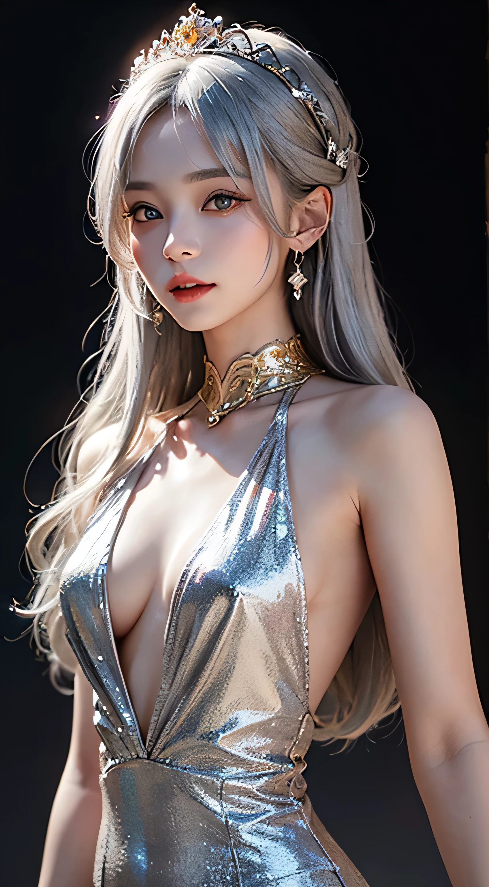 Nice girl、Ann、、whole body、８Head to Body、Glass High Heels、double eyelid、Droopy eyes、Very big eyes、eye shadow、 Very detailed 、 Gentle expression 、smile、attractive appearance、、Thin lips ,beautiful long nose、Small nose tip（Highest quality real texture skin),Abysmal features,(Silver Hair:1.5),(Dramatic Photos:1.4),(Hair floating in the air:1.5),(Nice views),Spectacular realism,,(High-density image review:1.5),(Soft colors:1.2),Super detailed,Dramatic Light,(Intricate details:1.1),Complex background,8k、Actual photo、Ultra-high resolution, Master Parts, highest quality,、Very beautiful woman、long supple legs、 Very sharp shadows , jewelry , sexy , fine grain, extremely difficult, Glowing Skin , Perfect and wonderful Ann,  Dramatic Shadows ,Gold tiara on the head、See-through white dress with gold embroidery