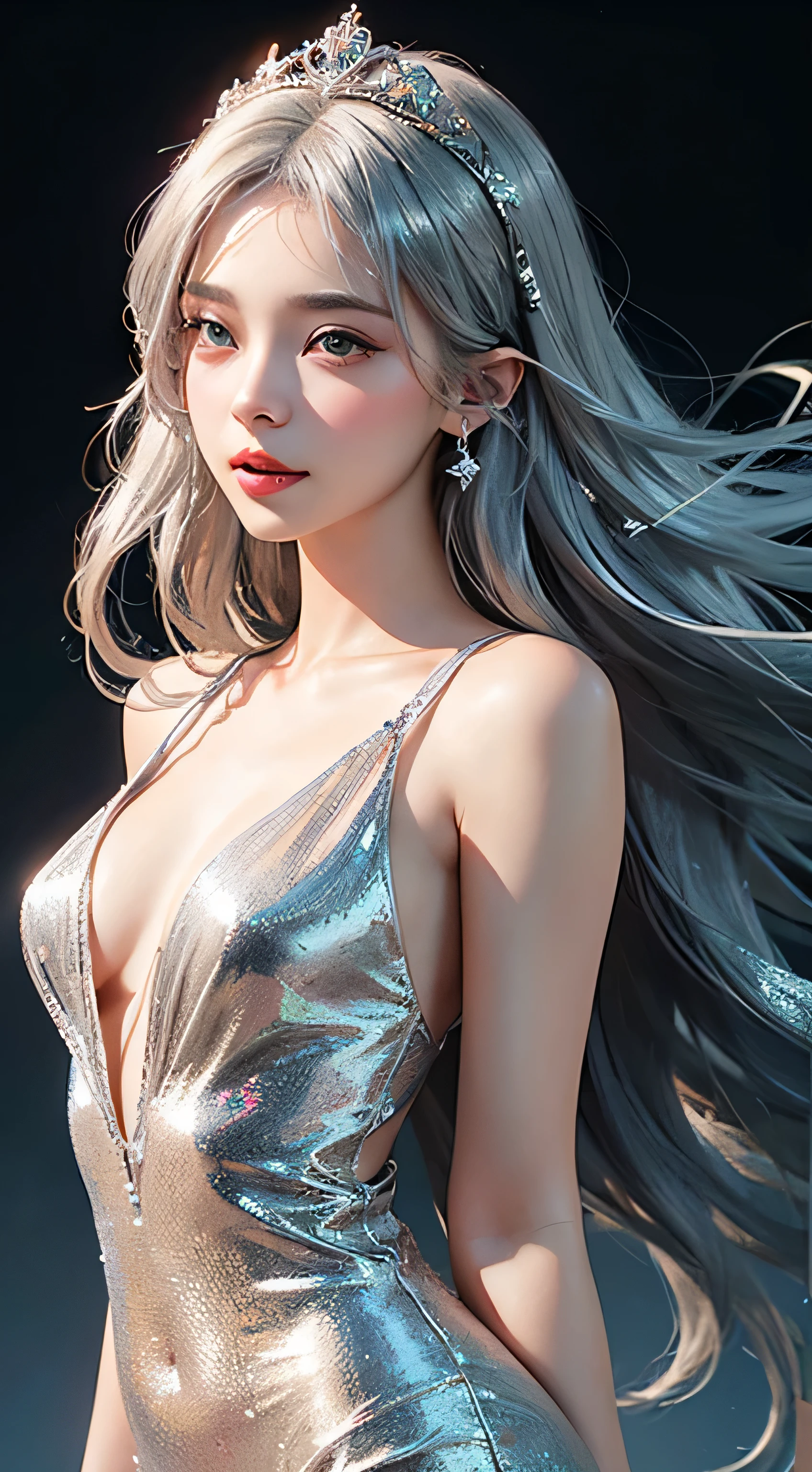 Nice girl、Ann、、double eyelid、Droopy eyes、Very big eyes、eye shadow、 Very detailed 、 Gentle expression 、smile、attractive appearance、、Thin lips ,beautiful long nose、Small nose tip（Highest quality real texture skin),Abysmal features,(Silver Hair:1.5),(Dramatic Photos:1.4),(Hair floating in the air:1.5),(Nice views),Spectacular realism,,(High-density image review:1.5),(Soft colors:1.2),Super detailed,Dramatic Light,(Intricate details:1.1),Complex background,8k、Actual photo、Ultra-high resolution, Master Parts, highest quality,、Very beautiful woman、long supple legs、 Very sharp shadows , jewelry , sexy , fine grain, extremely difficult, Glowing Skin , Perfect and wonderful Ann,  Dramatic Shadows ,Gold tiara on the head、See-through white dress with gold embroidery