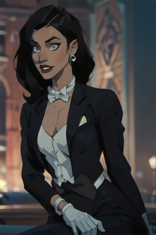 Zatanna, realistic, realism, photorealism, photo-realistic, high contrast, (photorealistic:1.4), 8k high definition detailed realistic, (best quality, masterpiece:1.2), NSFW,  photon mapping, radiosity, physically-based rendering, best quality, highly detailed, 1girl, anaa, full body, Jewelry, earring, outdoor,woods,((skirt suit)), suit and bowtie, (((tuxedo))), silk dress shirt, shirt and bowtie, (((bowtie))), ((blazer)), ((suit jacket)), ((waistcoat)), ((bodycon miniskirt)), (((pencil skirt))), pantyhose, tights, stockings, pocket square, tailored suit, (((cufflinks))), smile, full body, high heels,sitting at bar, from side,  inside, bar, ,sipping drink, white gloves, hot body , gorgeous breast