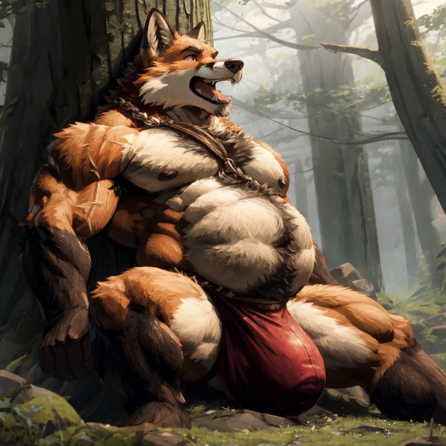 Very muscular red fox、A huge, swollen lower abdomen like that of a pregnant woman、Sitting pose、Lying down pose、Completely naked、Long hair all over the body、Red fox fur、Sideways red fox face、Composition looking up from diagonally below、Long and thin muzzle、abnormally developed muscles、Very massive abuscles like a bodybuilder、Very long armpit hair、Lots of belly hair、Bushy chest hair、Screaming facial expression、The face of a barking red fox、Red jewel-like eyes、A body that fills the screen、Thick Fog、Background of tree branches、Rain、A brown loincloth with a huge bulge in the crotch