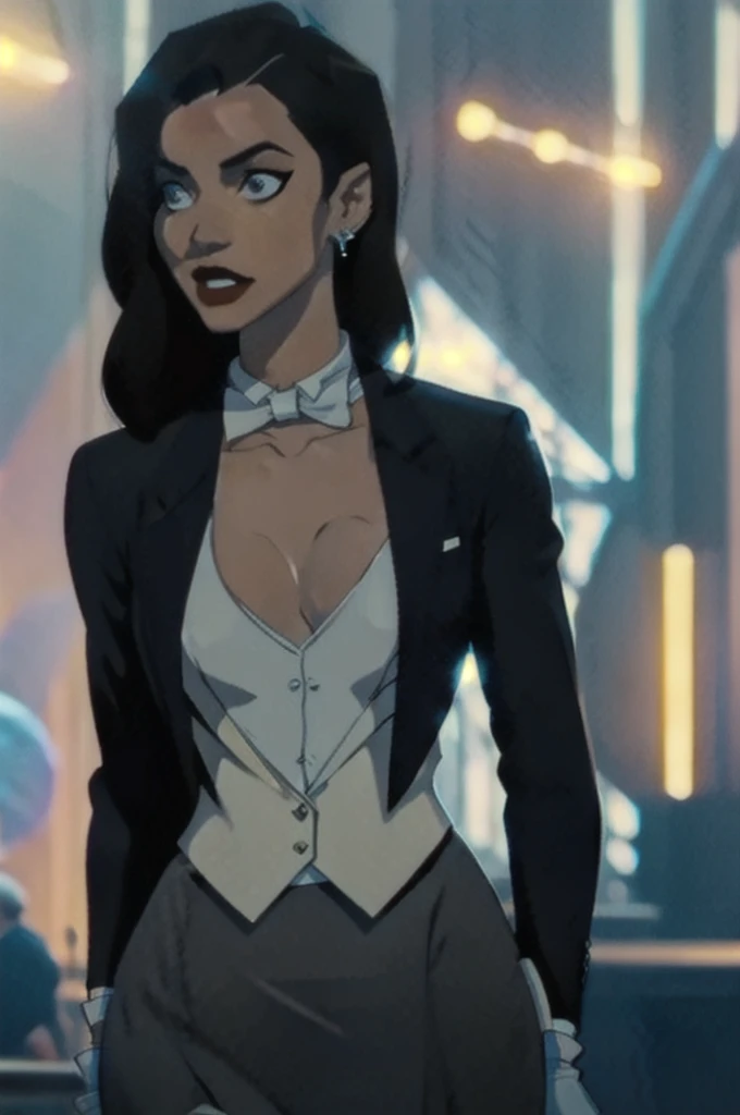 Zatanna, realistic, realism, photorealism, photo-realistic, high contrast, (photorealistic:1.4), 8k high definition detailed realistic, (best quality, masterpiece:1.2), NSFW, photon mapping, radiosity, physically-based rendering, best quality, highly detailed, 1girl, anaa, full body, Jewelry, earring, outdoor,woods,((skirt suit)), suit and bowtie, (((tuxedo))), silk dress shirt, shirt and bowtie, (((bowtie))), ((blazer)), ((suit jacket)), ((waistcoat)), ((bodycon miniskirt)), (((pencil skirt))), pantyhose, tights, stockings, pocket square, tailored suit, (((cufflinks))), smile, full body, high heels,sitting at bar, from side, inside, bar, ,sipping drink, white gloves, hot body , gorgeous breast