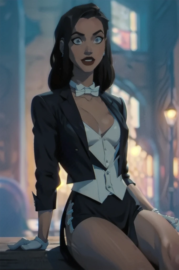 Zatanna, realistic, realism, photorealism, photo-realistic, high contrast, (photorealistic:1.4), 8k high definition detailed realistic, (best quality, masterpiece:1.2), NSFW,  photon mapping, radiosity, physically-based rendering, best quality, highly detailed, 1girl, anaa, full body, Jewelry, earring, outdoor,woods,((skirt suit)), suit and bowtie, (((tuxedo))), silk dress shirt, shirt and bowtie, (((bowtie))), ((blazer)), ((suit jacket)), ((waistcoat)), ((bodycon miniskirt)), (((pencil skirt))), pantyhose, tights, stockings, pocket square, tailored suit, (((cufflinks))), smile, full body, high heels,sitting at bar, from side,  inside, bar, ,sipping drink, white gloves, hot body , gorgeous breast