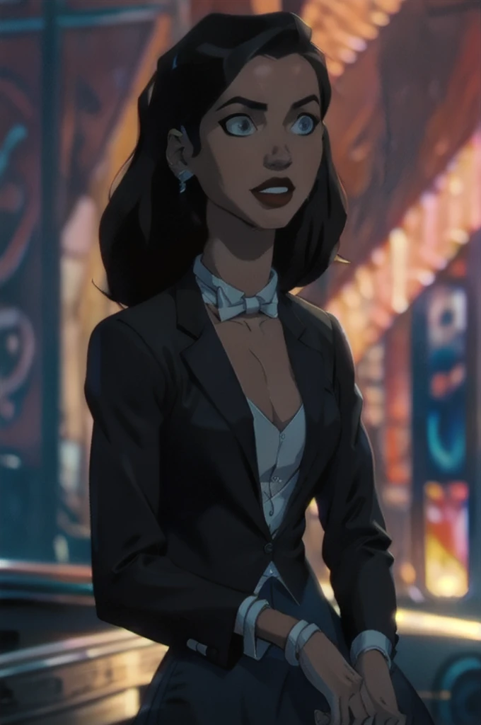 Zatanna, realistic, realism, photorealism, photo-realistic, high contrast, (photorealistic:1.4), 8k high definition detailed realistic, (best quality, masterpiece:1.2), NSFW,  photon mapping, radiosity, physically-based rendering, best quality, highly detailed, 1girl, anaa, full body, Jewelry, earring, outdoor,woods,((skirt suit)), suit and bowtie, (((tuxedo))), silk dress shirt, shirt and bowtie, (((bowtie))), ((blazer)), ((suit jacket)), ((waistcoat)), ((bodycon miniskirt)), (((pencil skirt))), pantyhose, tights, stockings, pocket square, tailored suit, (((cufflinks))), smile, full body, high heels,sitting at bar, from side,  inside, bar, ,sipping drink, white gloves, hot body , gorgeous breast