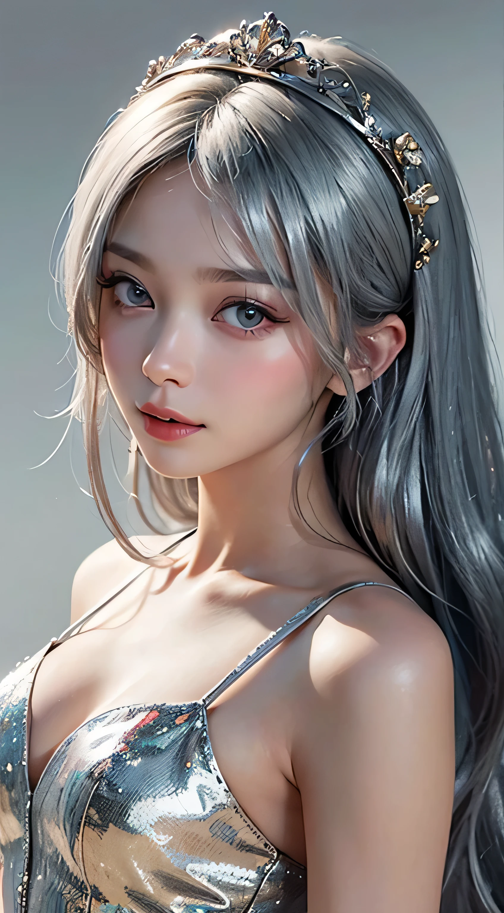 Nice girl、Ann、、double eyelid、Droopy eyes、Very big eyes、eye shadow、 Very detailed 、 Gentle expression 、smile、attractive appearance、、Thin lips ,beautiful long nose、Small nose tip(Highest quality real texture skin),Abysmal features,(Silver Hair:1.5),(Dramatic Photos:1.4),(Hair floating in the air:1.5),(Nice views),Spectacular realism,,(High-density image review:1.5),(Soft colors:1.2),Super detailed,Dramatic Light,(Intricate details:1.1),Complex background,8k、Actual photo、Ultra-high resolution, Master Parts, highest quality,、Very beautiful woman、long supple legs、 Very sharp shadows , jewelry , sexy , fine grain, extremely difficult, Glowing Skin , Perfect and wonderful Ann, Dramatic Shadows ,Gold tiara on the head、See-through white dress with gold embroidery