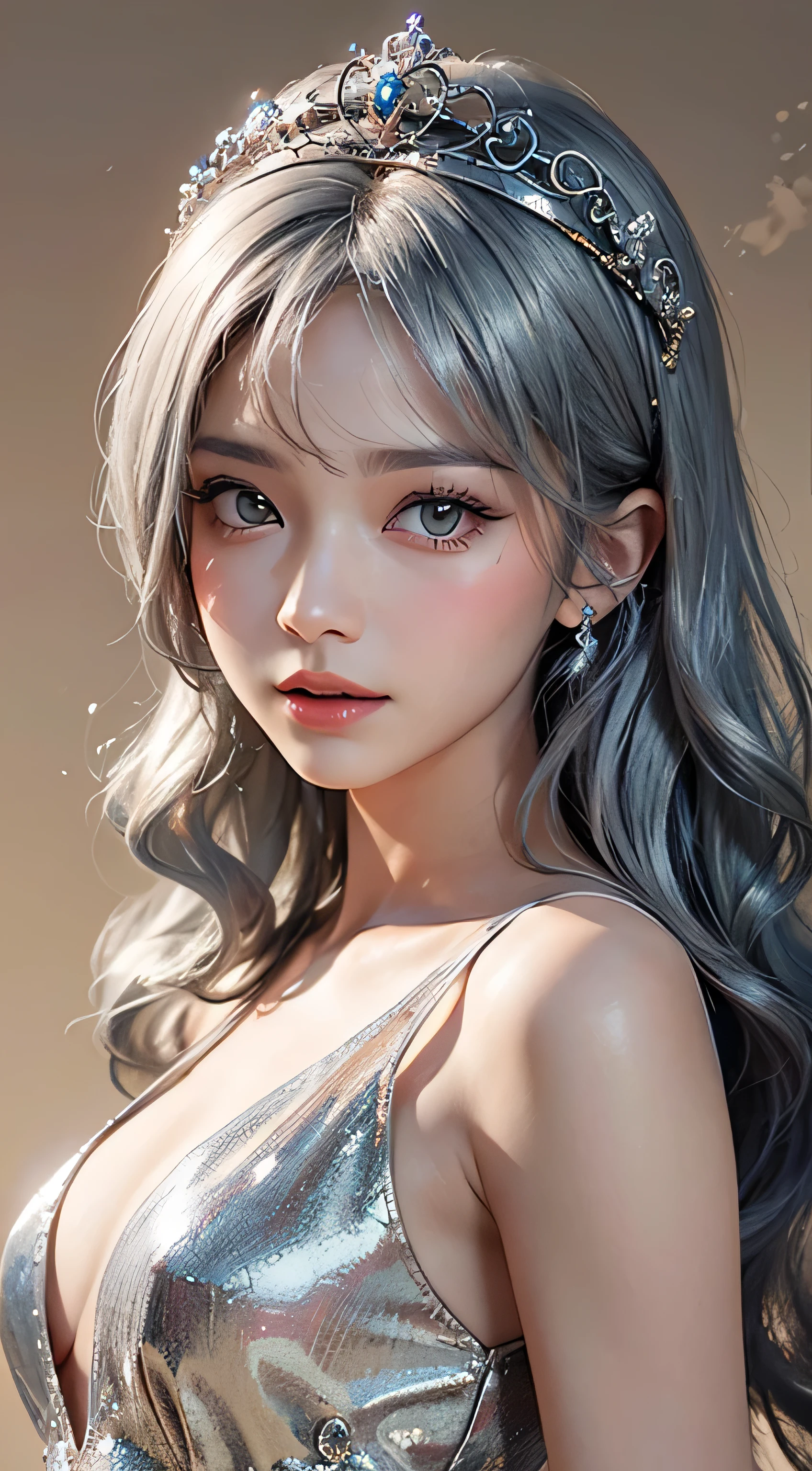Nice girl、Ann、、double eyelid、Droopy eyes、Very big eyes、eye shadow、 Very detailed 、 Gentle expression 、smile、attractive appearance、、Thin lips ,beautiful long nose、Small nose tip(Highest quality real texture skin),Abysmal features,(Silver Hair:1.5),(Dramatic Photos:1.4),(Hair floating in the air:1.5),(Nice views),Spectacular realism,,(High-density image review:1.5),(Soft colors:1.2),Super detailed,Dramatic Light,(Intricate details:1.1),Complex background,8k、Actual photo、Ultra-high resolution, Master Parts, highest quality,、Very beautiful woman、long supple legs、 Very sharp shadows , jewelry , sexy , fine grain, extremely difficult, Glowing Skin , Perfect and wonderful Ann, Dramatic Shadows ,Gold tiara on the head、See-through white dress with gold embroidery