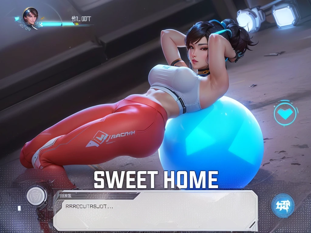 Close-up of a person on a ball,Matching title, From Overwatch, Overwatch Style, Chun Li in the gym, thick smooth warframe thighs, echo From Overwatch, sweet home, Firmware version, wearing bikini《special attack》tracker, Chel, Tick, Cottage Core!! Keep fit, Life Simulator game screenshots, tracker遊戲角色, Overwatch inspiration