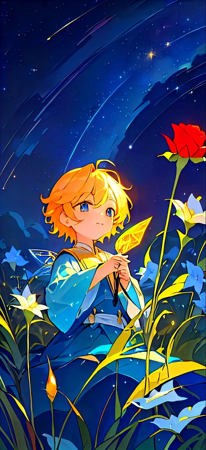 8K，Improved image quality、Fine carving、Background details、Clarity！！Sunset 、Starry Sky，，little Prince、little Prince坐在lawn上，Holding a red rose，Starry Sky，lawn，Blue and flowers，Picture Books、fairy tale、