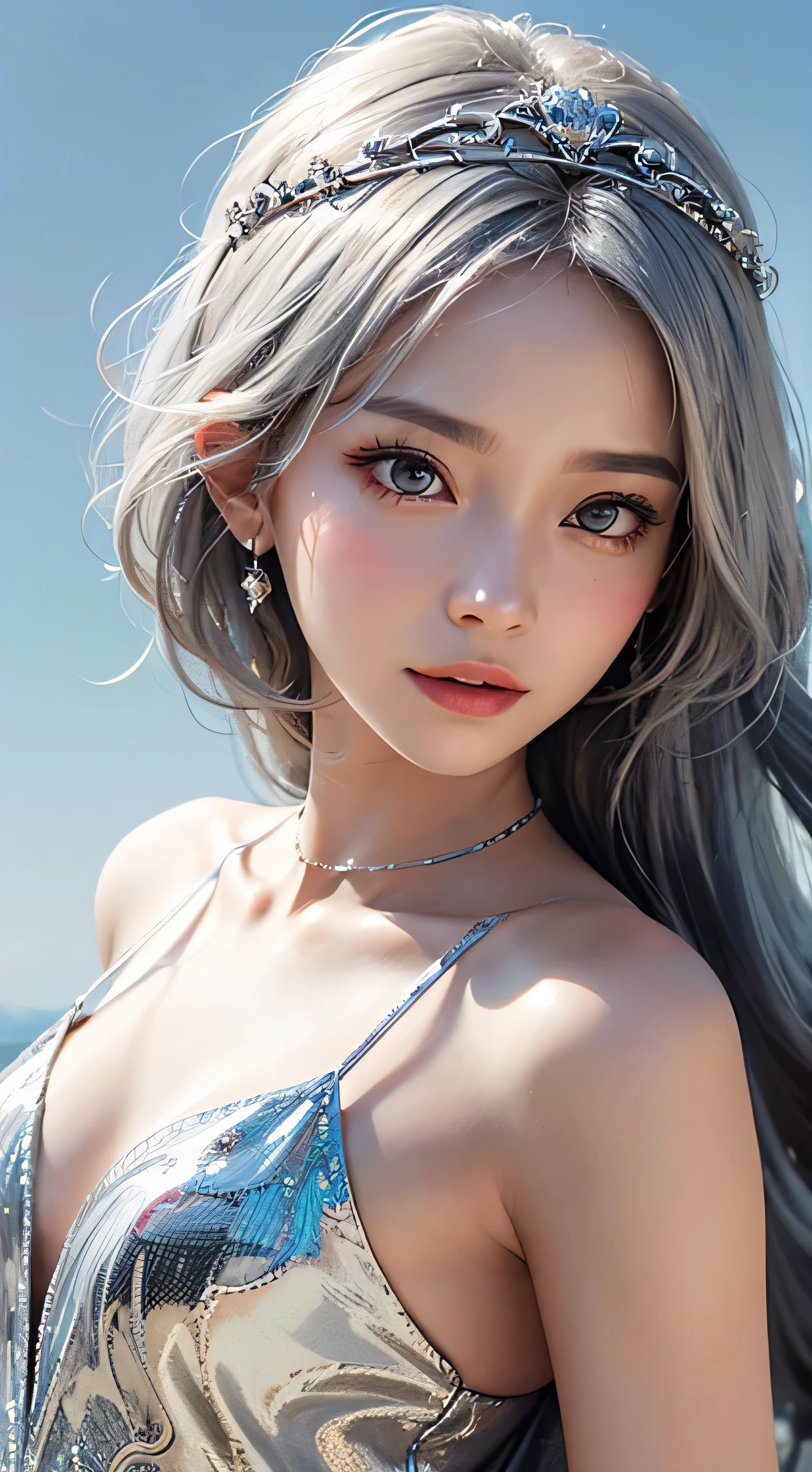 Nice girl、Ann、16 years old、double eyelid、Droopy eyes、Very big eyes、eye shadow、 Very detailed 、 Gentle expression 、smile、attractive appearance、、Thin lips ,beautiful long nose、Small nose tip(Highest quality real texture skin),Abysmal features,(Silver Hair:1.5),(Dramatic Photos:1.4),(Hair floating in the air:1.5),(Nice views),Spectacular realism,,(High-density image review:1.5),(Soft colors:1.2),Super detailed,Dramatic Light,(Intricate details:1.1),Complex background,8k、Actual photo、Ultra-high resolution, Master Parts, highest quality,、Very beautiful woman、long supple legs、 Very sharp shadows , jewelry , sexy , fine grain, extremely difficult, Glowing Skin , Perfect and wonderful Ann, Dramatic Shadows ,Gold tiara on the head、See-through white dress with gold embroidery