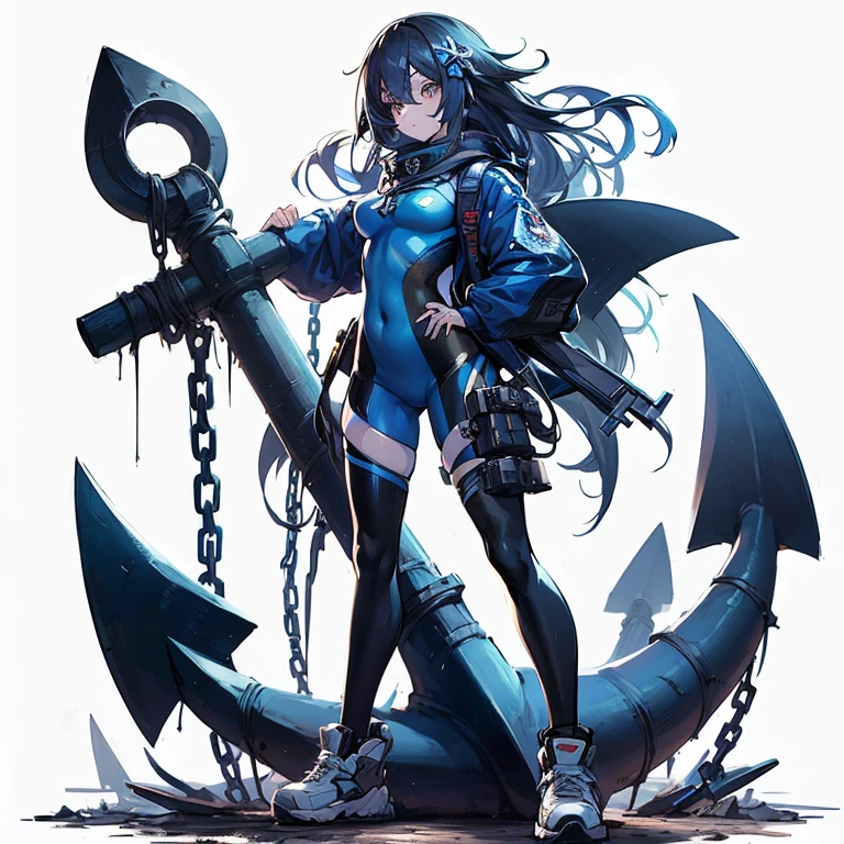 (masutepiece, Best Quality), (Perfect athlete body:1.2), (detailed hairs), Ultra-detailed, Anime style, Full body, Solo, night blue shark girl, cyberpunk sailor suit, with a huge anchor, scarred face, Black hair, blond eyes, Wearing sneakers, Standing in the wasteland, 8K High Resolution, White background, Whole body,