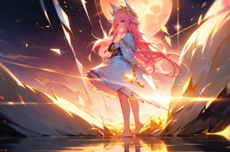 (best quality1.4)++, (masterpiece1.4)++, (detailed1.4)+, 1girl, cute face, fox girl, ice queen, (long pink hair)+, elegant, royal, cute, barefoot, detailed pink jacket, cute multilayered skirt, gold jewelry, full body shot, natural lighting, soft lighting, dramatic lighting, highly detailed, unreal engine, bokeh, 8k uhd, raytracing, lumen reflections, volumetric fog, Digital art, character design, concept art, divine, celestial, featured on pixiv, epic composition