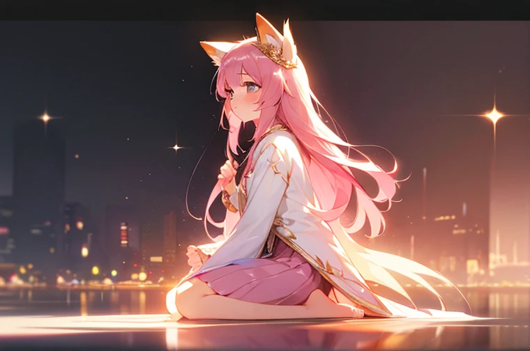 (best quality1.4)++, (masterpiece1.4)++, (detailed1.4)+, 1girl, cute face, fox girl, ice queen, (long pink hair)+, elegant, royal, cute, barefoot, detailed pink jacket, cute multilayered skirt, gold jewelry, full body shot, natural lighting, soft lighting, dramatic lighting, highly detailed, unreal engine, bokeh, 8k uhd, raytracing, lumen reflections, volumetric fog, Digital art, character design, concept art, divine, celestial, featured on pixiv, epic composition