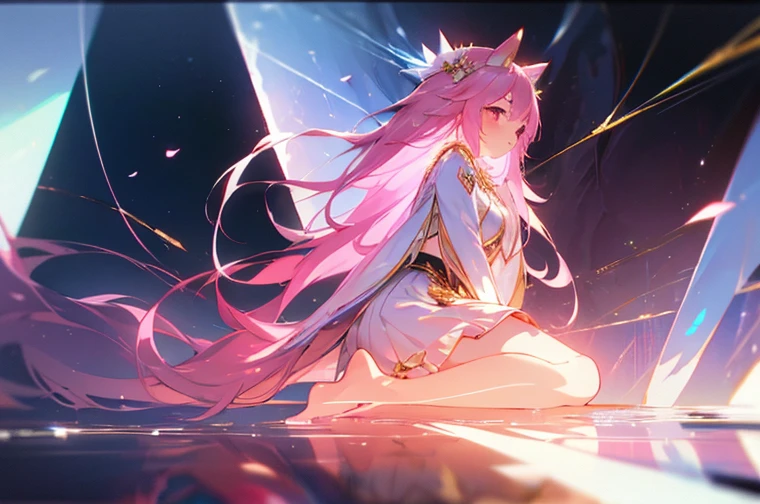 (best quality1.4)++, (masterpiece1.4)++, (detailed1.4)+, 1girl, cute face, fox girl, ice queen, (long pink hair)+, elegant, royal, cute, barefoot, detailed pink jacket, cute multilayered skirt, gold jewelry, full body shot, natural lighting, soft lighting, dramatic lighting, highly detailed, unreal engine, bokeh, 8k uhd, raytracing, lumen reflections, volumetric fog, Digital art, character design, concept art, divine, celestial, featured on pixiv, epic composition