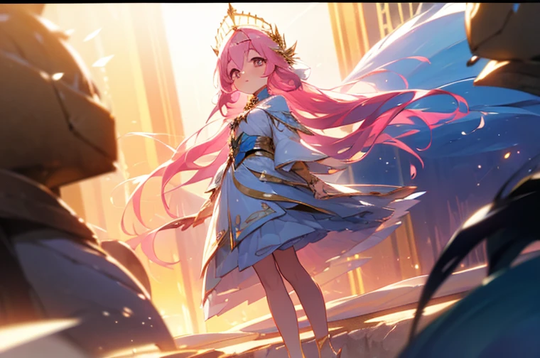 (best quality1.4)++, (masterpiece1.4)++, (detailed1.4)+, 1girl, cute face, fox girl, ice queen, (long pink hair)+, elegant, royal, cute, barefoot, detailed pink jacket, cute multilayered skirt, gold jewelry, full body shot, natural lighting, soft lighting, dramatic lighting, highly detailed, unreal engine, bokeh, 8k uhd, raytracing, lumen reflections, volumetric fog, Digital art, character design, concept art, divine, celestial, featured on pixiv, epic composition