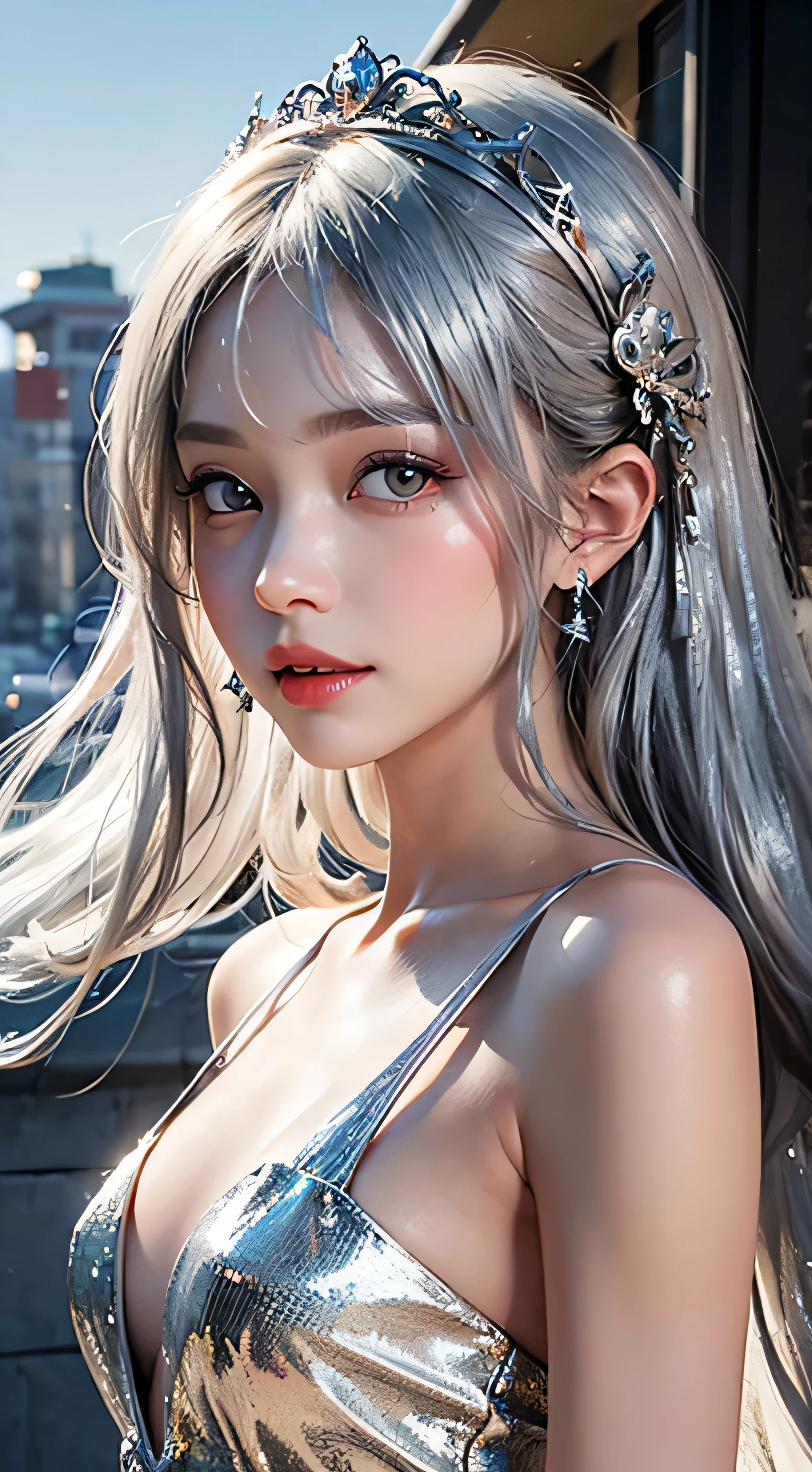 Nice girl、Ann、、double eyelid、Droopy eyes、Very big eyes、eye shadow、 Very detailed 、 Gentle expression 、smile、attractive appearance、、Thin lips ,beautiful long nose、Small nose tip(Highest quality real texture skin),Abysmal features,(Silver Hair:1.5),(Dramatic Photos:1.4),(Hair floating in the air:1.5),(Nice views),Spectacular realism,,(High-density image review:1.5),(Soft colors:1.2),Super detailed,Dramatic Light,(Intricate details:1.1),Complex background,8k、Actual photo、Ultra-high resolution, Master Parts, highest quality,、Very beautiful woman、long supple legs、 Very sharp shadows , jewelry , sexy , fine in, extremely difficult, Glowing Skin , Perfect and wonderful Ann, Dramatic Shadows ,Gold tiara on the head、See-through white dress with gold embroidery