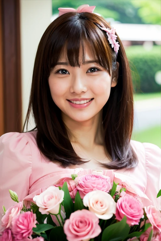 Medium Size Display, Medium Shot, Written boundary depth, bust, Upper Body, Movie angle, masterpiece, highest quality, Very detailed, CG, 8k wallpaper, Beautiful Face, Delicate eyes, Otome, alone, smile, bangs, have,Pink blouse, bow, petal, bouquet