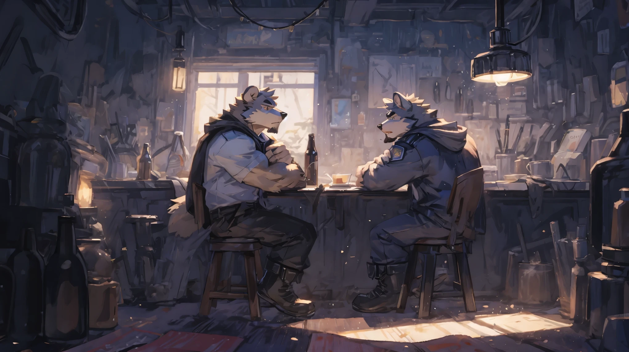 (masterpiece:1.2), best quality,pixiv,official art,perfect anatomy, (Ray tracing, light), (1_male:1.3) , (muscle), (gray fur:1.4), (muscle bear), (beard:1.2), (gleaming golden eyes), Thick black eyebrows, open hoodie, (naked inside:1.2), cargo pants, (boots:1.2), portrait, sitting, indoor, drink beer alone, looks tired, sitting on the sofa , watching tv