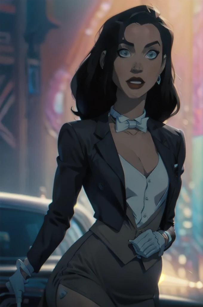Zatanna, realistic, realism, photorealism, photo-realistic, high contrast, (photorealistic:1.4), 8k high definition detailed realistic, (best quality, masterpiece:1.2), NSFW, photon mapping, radiosity, physically-based rendering, best quality, highly detailed, 1girl, anaa, full body, Jewelry, earring, outdoor,woods,((skirt suit)), suit and bowtie, (((tuxedo))), silk dress shirt, shirt and bowtie, (((bowtie))), ((blazer)), ((suit jacket)), ((waistcoat)), ((bodycon miniskirt)), (((pencil skirt))), pantyhose, tights, stockings, pocket square, tailored suit, (((cufflinks))), smile, full body, high heels,sitting at bar, from side, inside, bar, ,sipping drink, white gloves, hot body , gorgeous breast