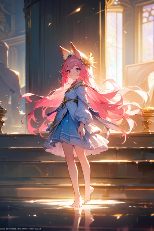 (best quality1.4)++, (masterpiece1.4)++, (detailed1.4)+, 1girl, cute face, fox girl, ice queen, (long pink hair)+, elegant, royal, cute, barefoot, detailed pink jacket, cute multilayered skirt, gold jewelry, full body shot, natural lighting, soft lighting, dramatic lighting, highly detailed, unreal engine, bokeh, 8k uhd, raytracing, lumen reflections, volumetric fog, Digital art, character design, concept art, divine, celestial, featured on pixiv, epic composition