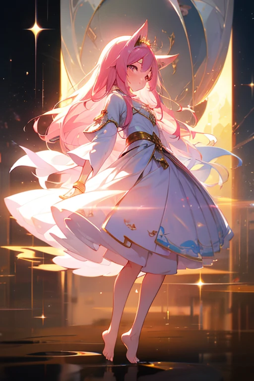 (best quality1.4)++, (masterpiece1.4)++, (detailed1.4)+, 1girl, cute face, fox girl, ice queen, (long pink hair)+, elegant, royal, cute, barefoot, detailed pink jacket, cute multilayered skirt, gold jewelry, full body shot, natural lighting, soft lighting, dramatic lighting, highly detailed, unreal engine, bokeh, 8k uhd, raytracing, lumen reflections, volumetric fog, Digital art, character design, concept art, divine, celestial, featured on pixiv, epic composition