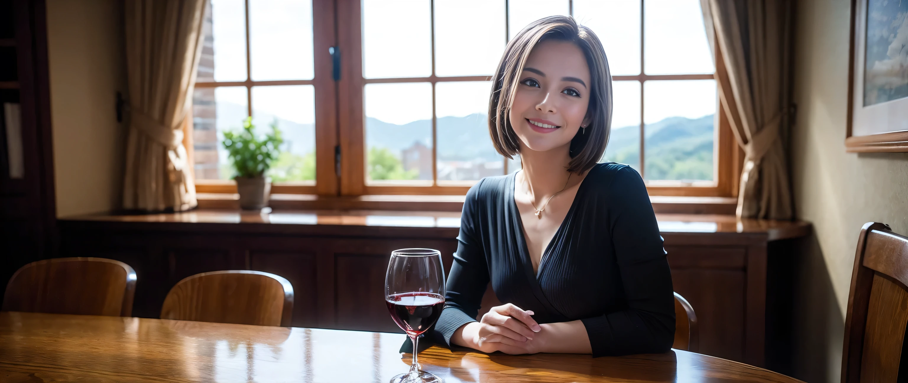 ((highest quality、8k、masterpiece:1.3))、Sharp focus:1.2、Beautiful woman perfect body:1.4、Slim body、((Bob Hale、Straight hair:1.2))、(to be born, highest quality, masterpiece:1.5), (Realistic, Intricate details:1.2), Wine glass on the table、Put the light on your face、 Amazing view of the sunset sky and clouds、Amazing mountain views、A bright smile、A lovely woman with a smile、Bright image、2. The beauty of wine, Beautiful Face, blue eyes, The light shines on your face, Blushing, short hair,Bright Face、Fox face、 (43 years old), 39 years old, Lady、red wine 、Appetizers、Italian food、Wine bottle、Champagne、sparkling wine、Two beauties、Brown Hair、Shortcuts、Long sleeve shirt、dress、Pretty Woman 1, (Slim face), (The body is slim), (Brown Hair), (Shortcuts), cheeks turn a little red,Attractive beauty、, Out of the window, A beautiful and detailed night view unfolds.........., restaurant, In a prominent place (From the waist up) Nova Frog Style, actress, model, Upper Body, White wine, slim, wine glass, A wine glass placed in the middle, smile, (smile: 1.15), Beautiful fine grain, Depth f/2,saturation, High Contrast, Strong light and shadow,Moist Body:1.5、3D texture、Delicate eyes、Brown Hair、The hair is very shiny、