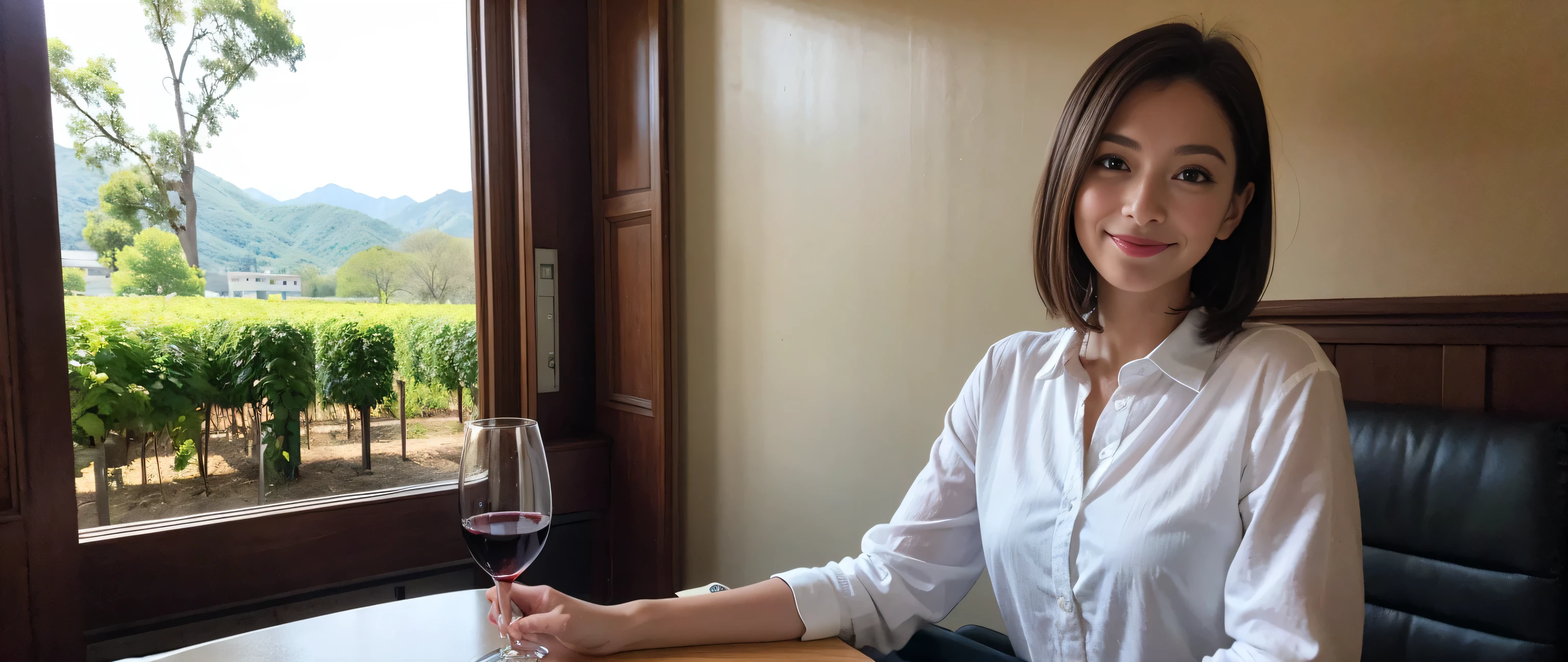 ((highest quality、8k、masterpiece:1.3))、Sharp focus:1.2、Beautiful woman perfect body:1.4、Slim body、((Bob Hale、Straight hair:1.2))、(to be born, highest quality, masterpiece:1.5), (Realistic, Intricate details:1.2), Wine glass on the table、Put the light on your face、 Amazing view of the sunset sky and clouds、Amazing mountain views、A bright smile、A lovely woman with a smile、Bright image、2. The beauty of wine, Beautiful Face, blue eyes, The light shines on your face, Blushing, short hair,Bright Face、Fox face、 (43 years old), 39 years old, Lady、red wine 、Appetizers、Italian food、Wine bottle、Champagne、sparkling wine、Two beauties、Brown Hair、Shortcuts、Long sleeve shirt、dress、Pretty Woman 1, (Slim face), (The body is slim), (Brown Hair), (Shortcuts), cheeks turn a little red,Attractive beauty、, Out of the window, A beautiful and detailed night view unfolds.........., restaurant, In a prominent place (From the waist up) Nova Frog Style, actress, model, Upper Body, White wine, slim, wine glass, A wine glass placed in the middle, smile, (smile: 1.15), Beautiful fine grain, Depth f/2,saturation, High Contrast, Strong light and shadow,Moist Body:1.5、3D texture、Delicate eyes、Brown Hair、The hair is very shiny、