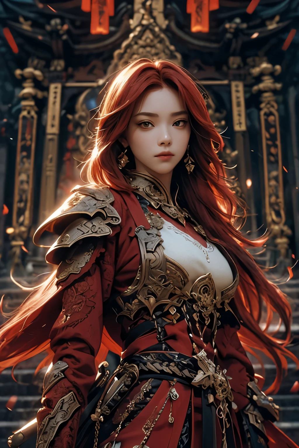 A beautiful red haired girl "a katana is hanged on her back", wearing ebonheart "heavily ornated" dark red full body armor. intricate details, masterpiece, masterpiece, rembrandt lighting, ultra high res, intricate details, nature light, film grain, dreamlike, perfect anatomy, best shadow, delicate, RAW>, pleasured expression, spotless face, perfect face, detailed eyes, intricate detail, detailed face, temple background, [bad anatomy], [bad hands], [missing fingers], [poorly drawn hands], [poorly drawn face], [deformed], [extra arm] [fused fingers], [too many fingers], [long neck],[bad proportions],