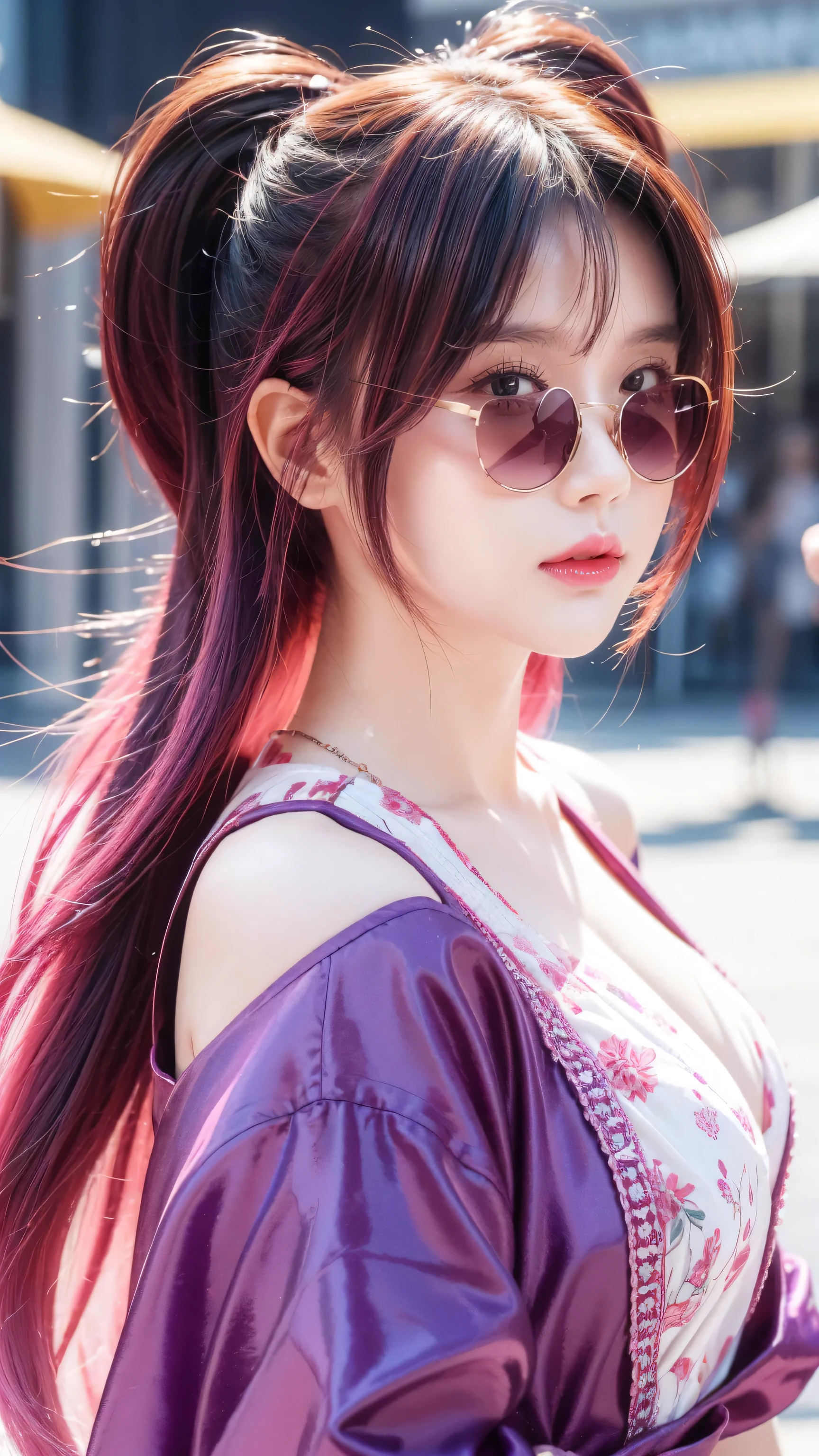 yae miko wearing stylish yellow sunglasses, background, Pink Hair, Purple Eyes